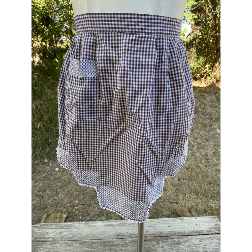 Vintage Half Apron Brown Gingham Checked Smocked Apron Farmhouse